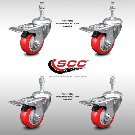 Service Caster 3.5 Inch SS Red Poly Swivel 10mm Threaded Stem Caster Set Total Lock Brake SCC-SSTSTTL20S3514-PPUB-RED-M1015-4